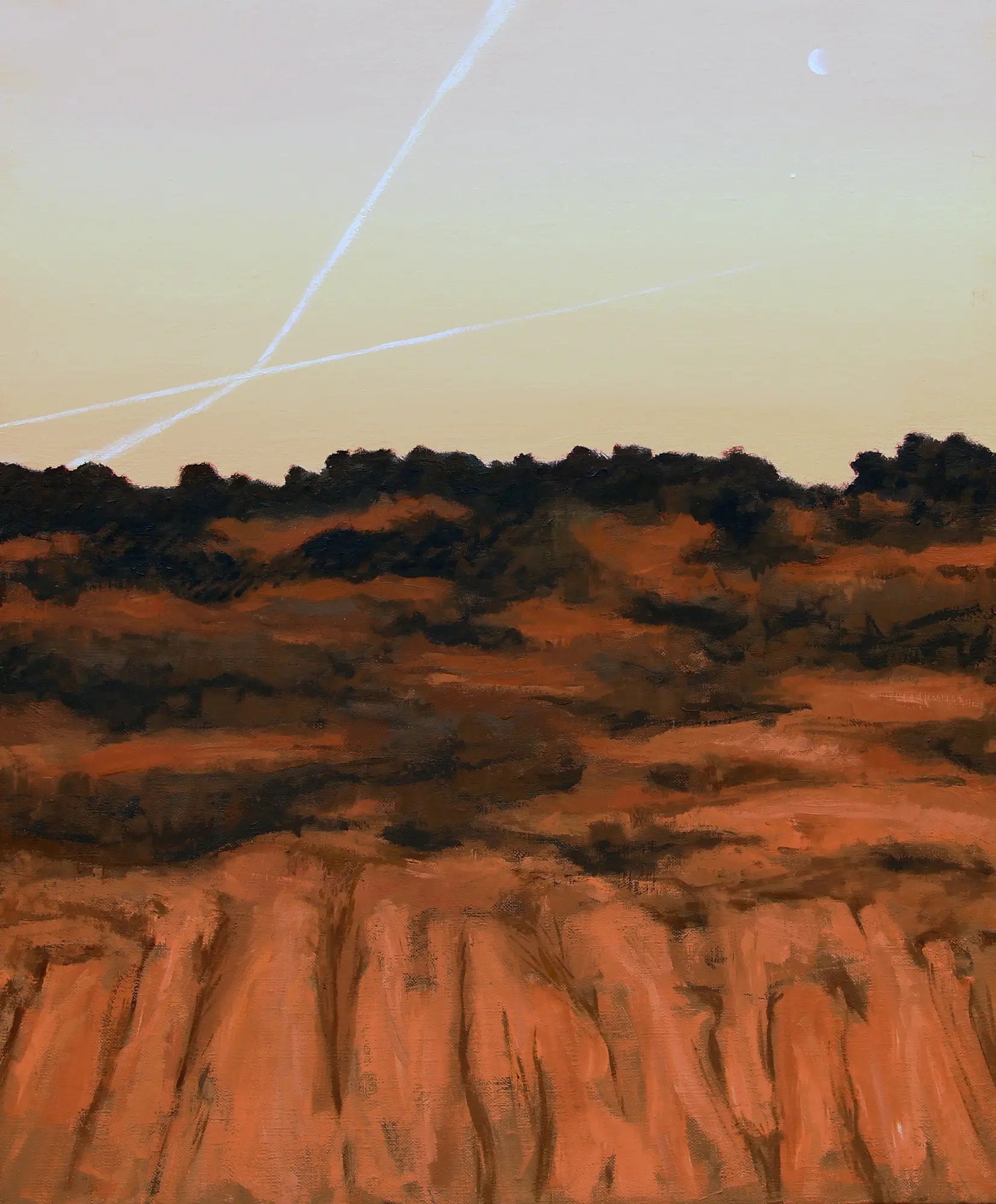 Estelas y luna, 2018.
Óleo sobre lienzo, 55 x 46 cm