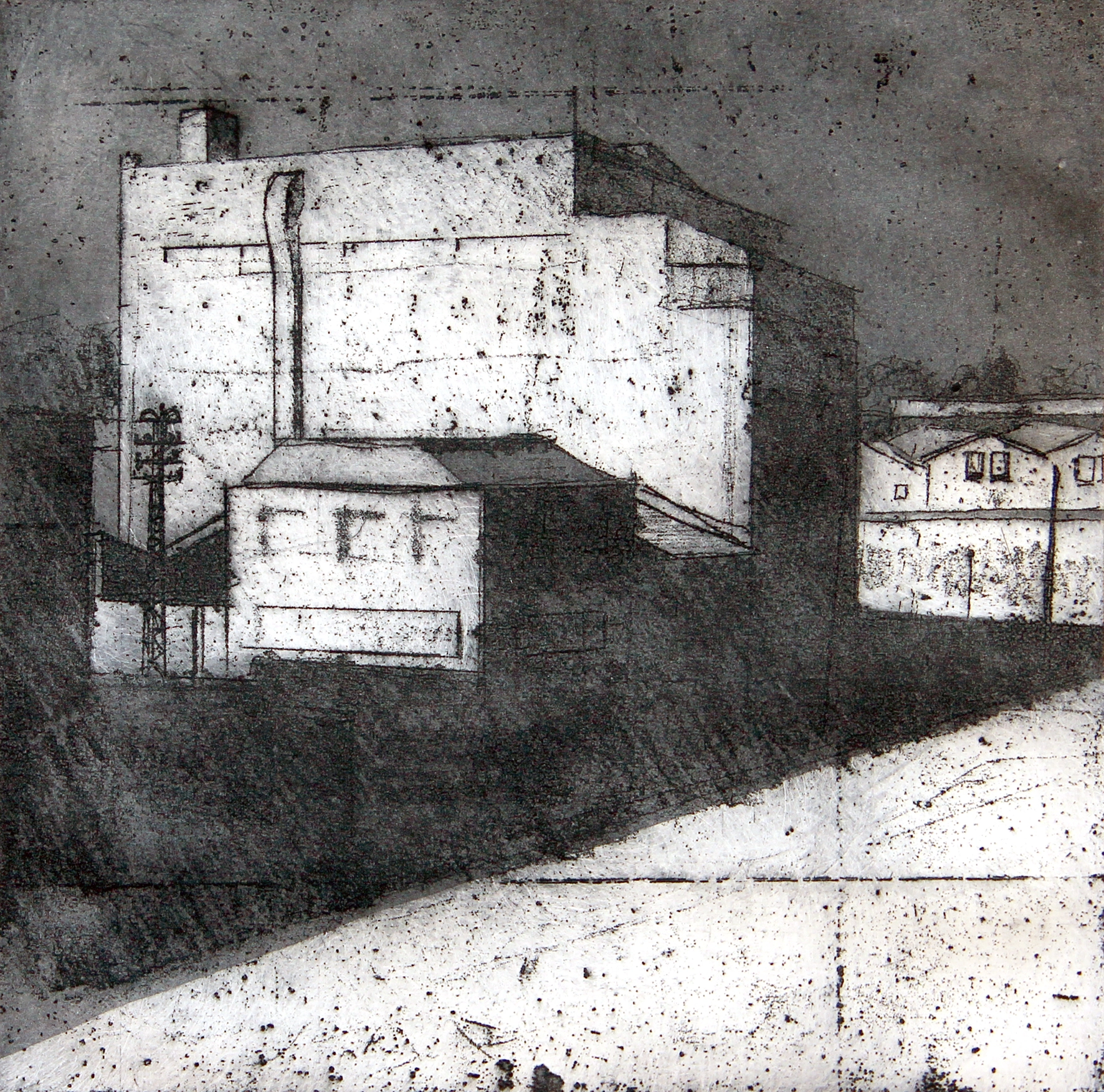 Edificio industrial.
Aguafuerte sobre latón, 19,5 x 19,5 cm